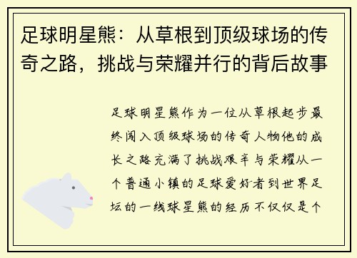 足球明星熊：从草根到顶级球场的传奇之路，挑战与荣耀并行的背后故事